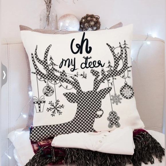 Pillow Cover Deer Christmas Zip Up Farmhouse White Black Plaid Large 17.7 in - Picture 9 of 14